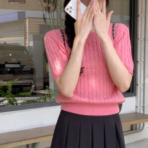 (1+12넥타입) 마리 캐시울 케이블 반팔 니트 nt3706