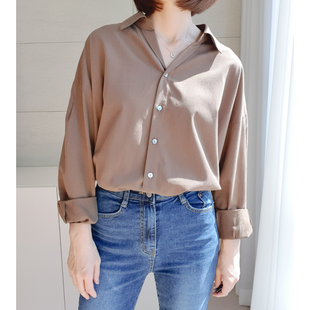흰색남방 브라운셔츠 그린블라우스 오픈카라 봄 가을 겨울