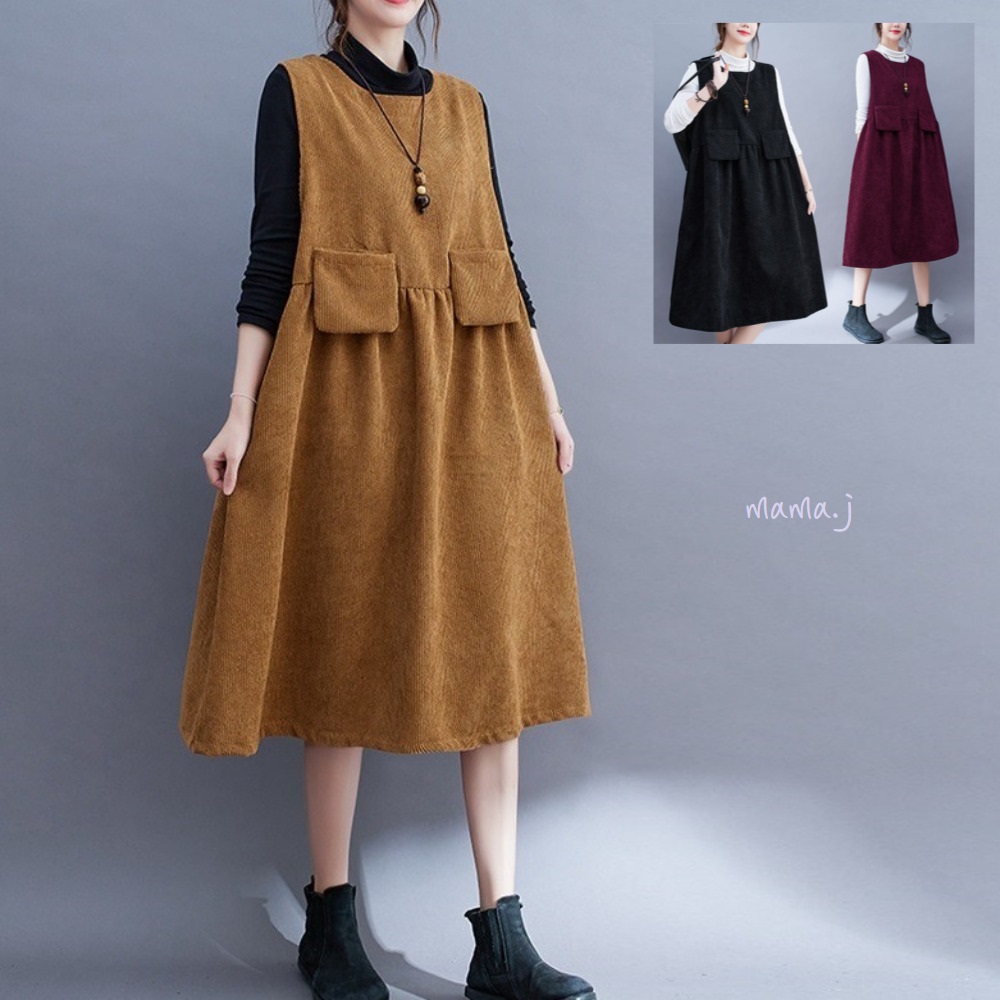 (50% 특가) 가을 겨울 주머니 포켓 골덴 민소매 원피스 중년여성의류 마담 50대 엄마옷
