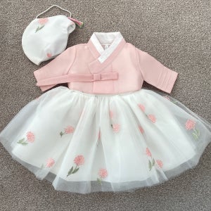 백일 한복 대여/아기 한복 여아 [핑크 리프] 서비스 장신구 풀세트