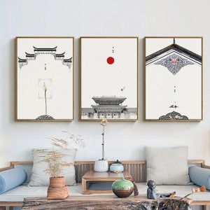 인테리어 중국 거실 그림 클래식 건축 주방 벽걸이 건강 홀 찻집 침실 배경 3개 세트액자