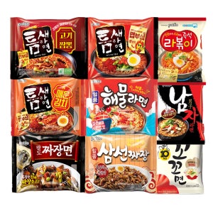 봉지라면모음 틈새라면 고기짬뽕 4개+틈새라면 빨개떡 5개+틈새라면매운김치 4개+일품해물라면 5개+팔도짜장면4개+삼선짜장4개+남자라면5개+꼬꼬면5개+라볶이4개