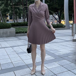 여성 가을 브이넥 라인 카라 정장 플리츠 미니원피스 하객룩 오피스룩 데이트룩 소개팅 코디