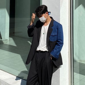 청 배색 오버핏 블레이저 자켓 (2color / 블랙,진청)