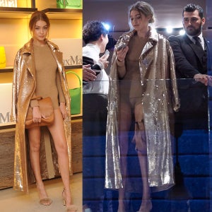 지지 하디드 Gigi Hadid 블링블링 스팽클 골드 트렌치코트