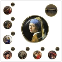 Vermeer 진주 귀걸이 에나멜 핀 브로치 가장 유명한 그림 패러디 아트 컬렉션 유리 돔 슈트