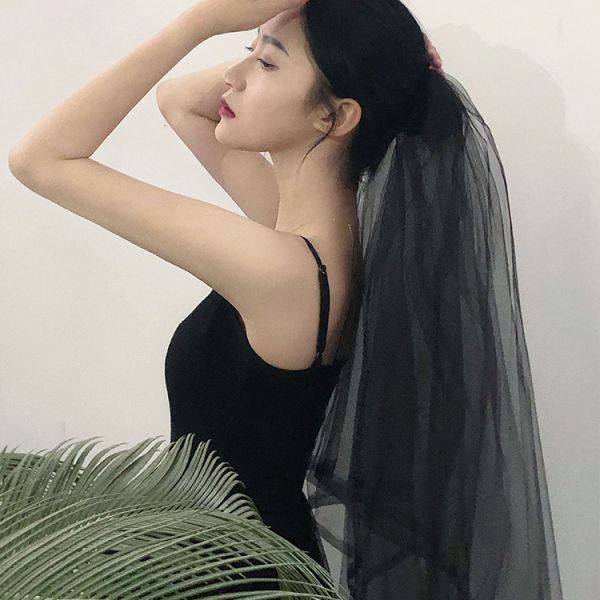 블랙 베일 면사포 결혼사진 라운드 웨딩 숏베일