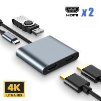 새로운 usb c 허브 type-c 듀얼 hdmi 어댑터 4k 60hz 화면 확장 4 in 1 usb 3.0 확장기 도킹 스테이션 노트북 전화 pc