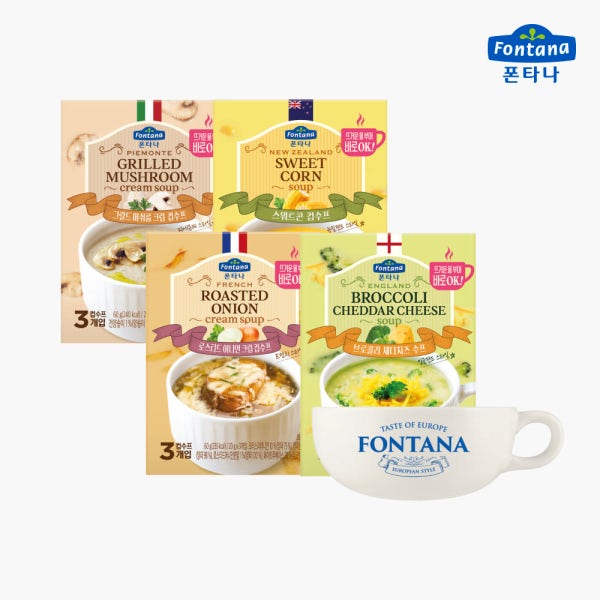 [NEW] 폰타나 컵수프 60g 6개(20gx18봉)+한손 수프컵 세트 머쉬룸 스위트콘 브로콜리 어니언