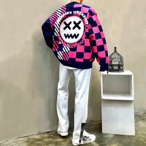 박스 언발 사선 체크 스마일 배색 남자 겨울 니트 가디건