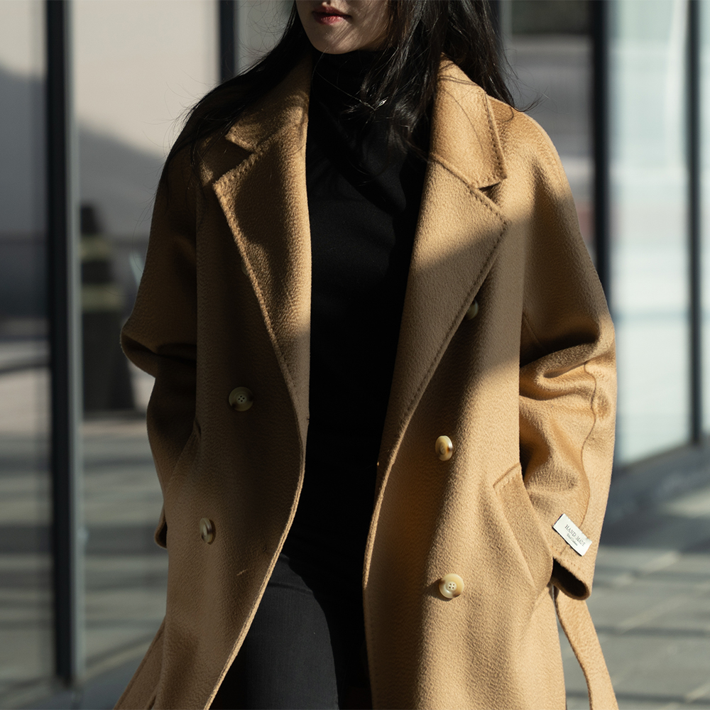 캐시미어 20% 울 핸드메이드 롱 지블링 더블 코트 마담 카멜 토바코 블랙