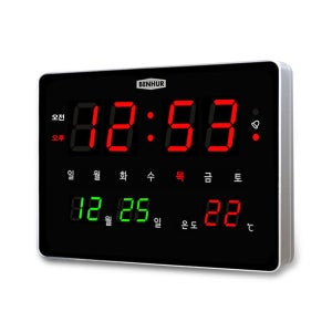벤허 디지털벽시계 HB-108 요일 월 일 온도 오전 오후 벽걸이 LED 알람 정전보상