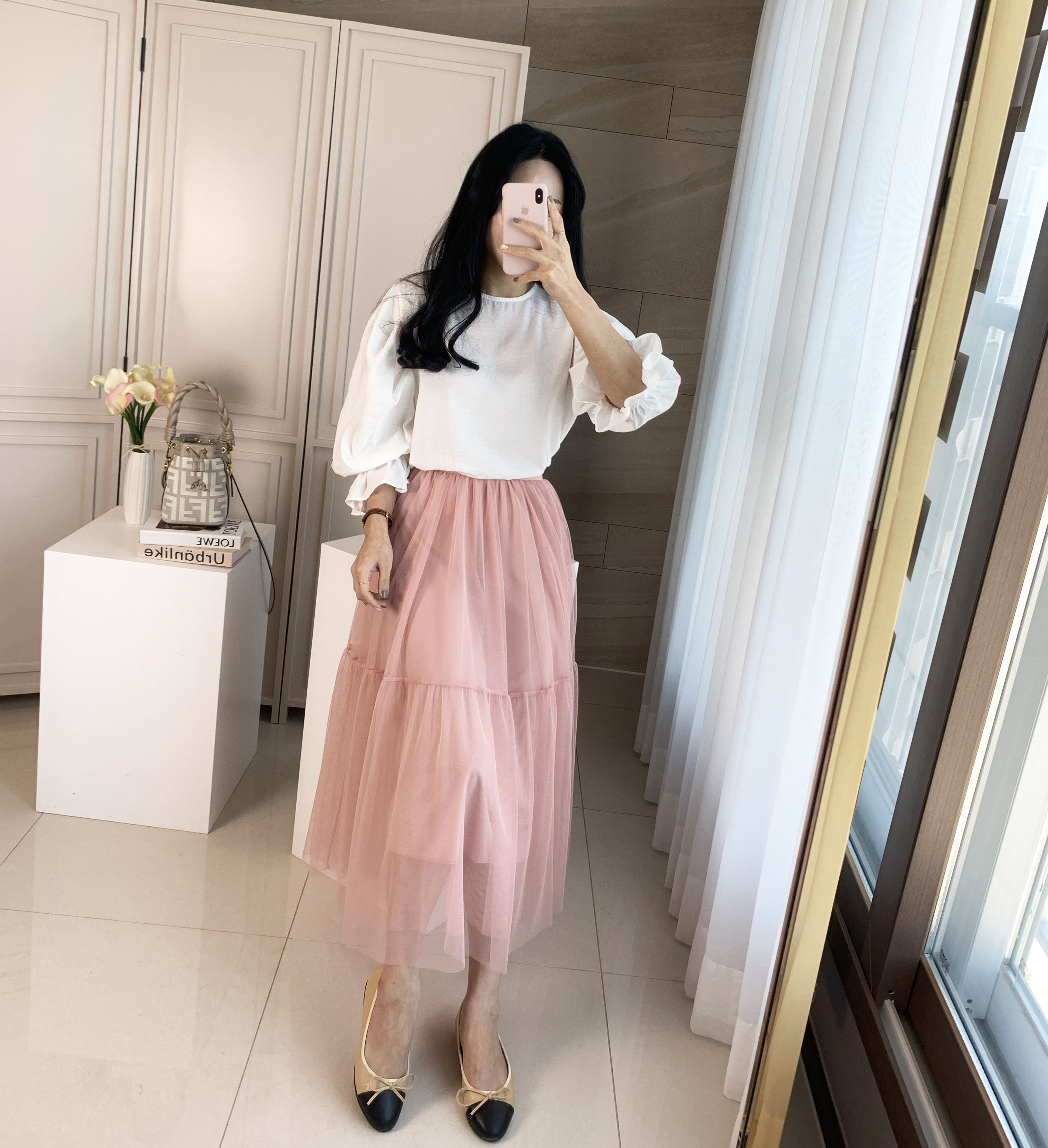 쉬폰 레이스 플레어 a라인 롱 밴딩 발레리나 샤스커트 베이지 핑크 블랙
