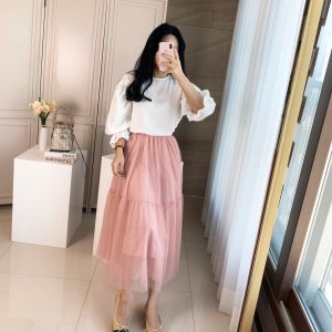쉬폰 레이스 플레어 a라인 롱 밴딩 발레리나 샤스커트 베이지 핑크 블랙