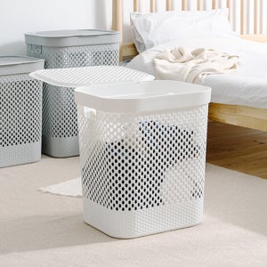 구디푸디 뚜껑있는 메쉬 라탄 보관함 대용량 세탁 빨래바구니 화이트/대형, 50L