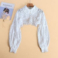 Lace Hollow Half Shirt Tops for Women Puff Long Sleeve Lapel Half Top Blouse Detachab[A00088906]