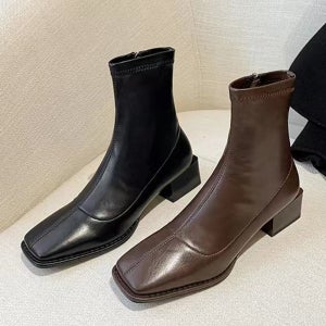 가죽 스퀘어앵클부츠 발편한 삭스 스판 숏부츠 통굽