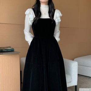 웰시 벨벳 뷔스티에 뒷매듭 롱원피스 2col 가을 겨울 도톰 A라인 스퀘어넥 멜빵 제이플로우