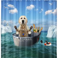 Funny Cat Dog Fabric Shower Curtain A Dog with Cat in A Steel Washtub Called Catanic wit[B00059920]