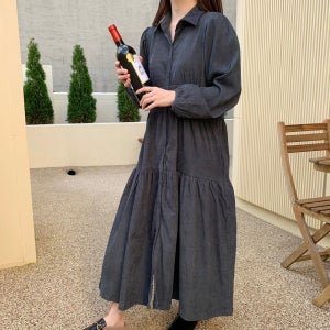 코듀로이 원피스 골덴 카라 셔츠 가을 겨울 롱원피스 빅사이즈 77 핑크 그린 차콜