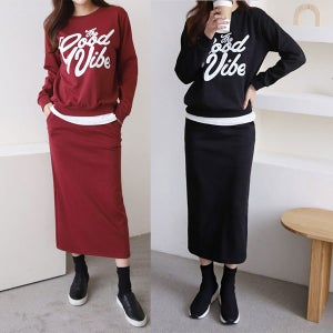 바이브 롱스커트 상하세트 여성 맨투맨 밴딩 치마 여자 투피스