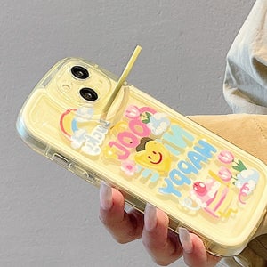 아이폰 14 프로 에어쿠션 옐로우 해피 나이스 레인보우 드로잉 하트 카메라 링고리 거치대 케이스