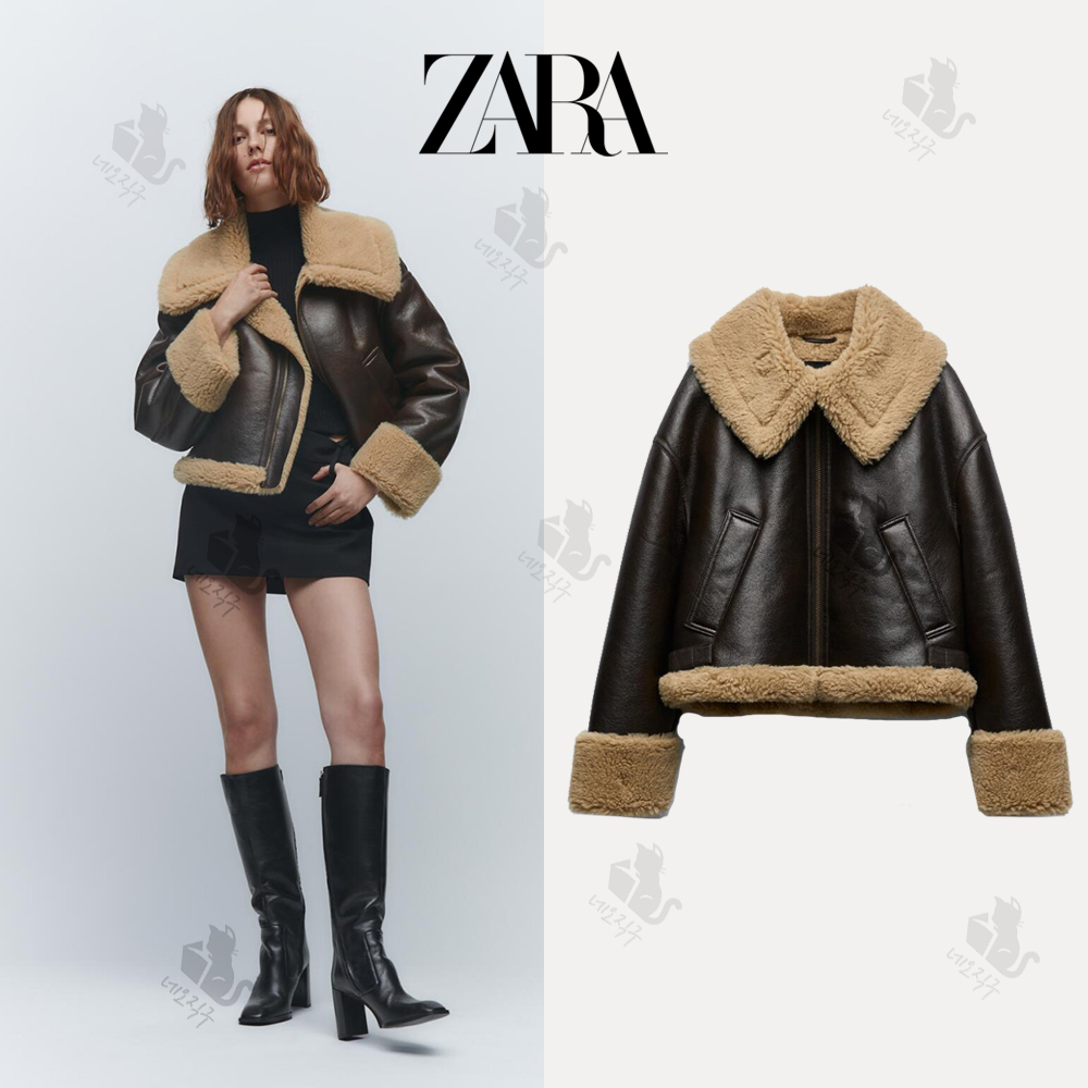 ZARA 자라 여성 베이직 브라운 오버핏 레더 무스탕 점퍼 자켓