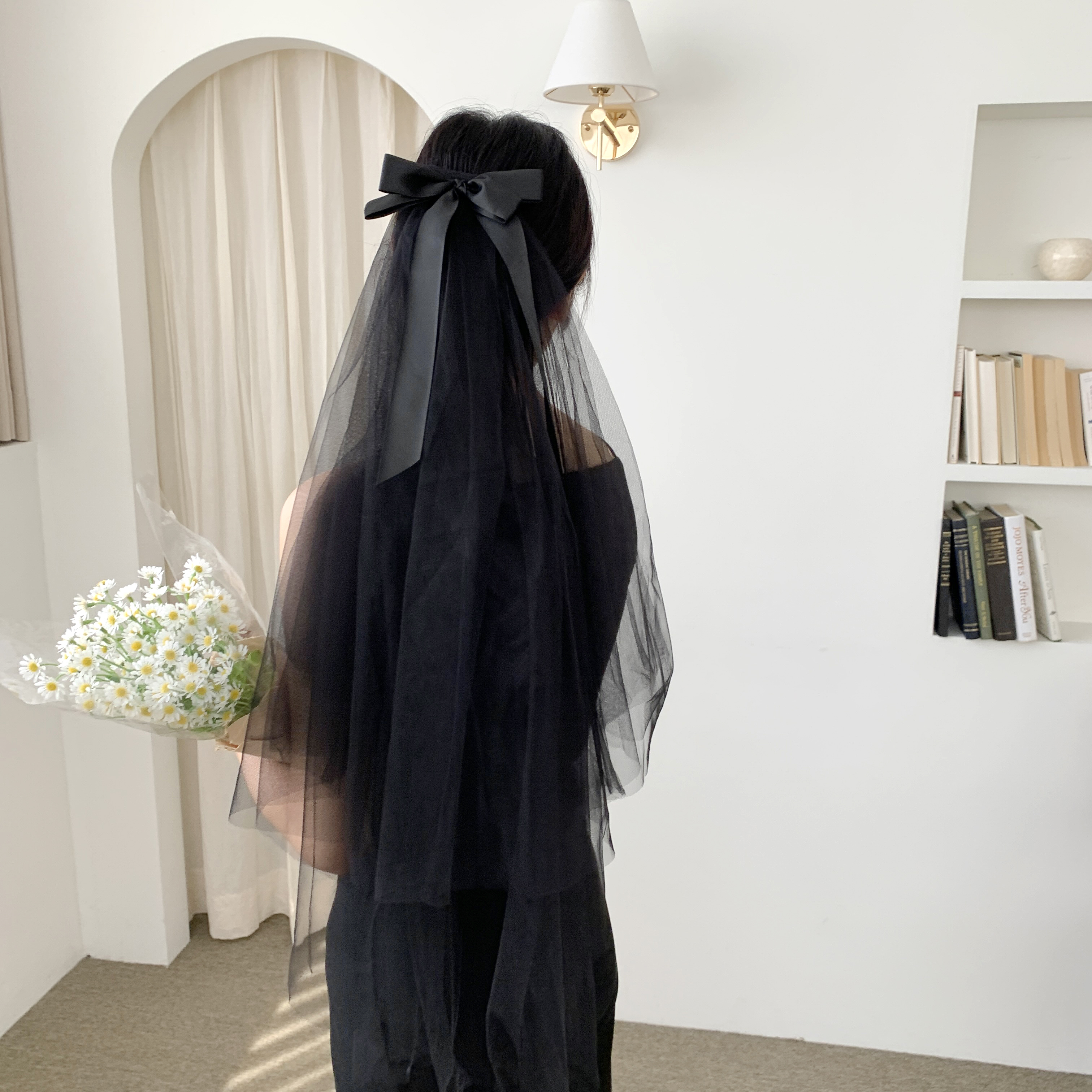 블랙 리본 베일, 셀프웨딩 브라이덜샤워 스냅촬영 헤어 소품 파티 코스튬