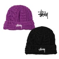 STUSSY 스투시 니트 패치워크 비니 퍼플 블랙 로고 겨울 모자 숏비니 남녀공용 스트릿