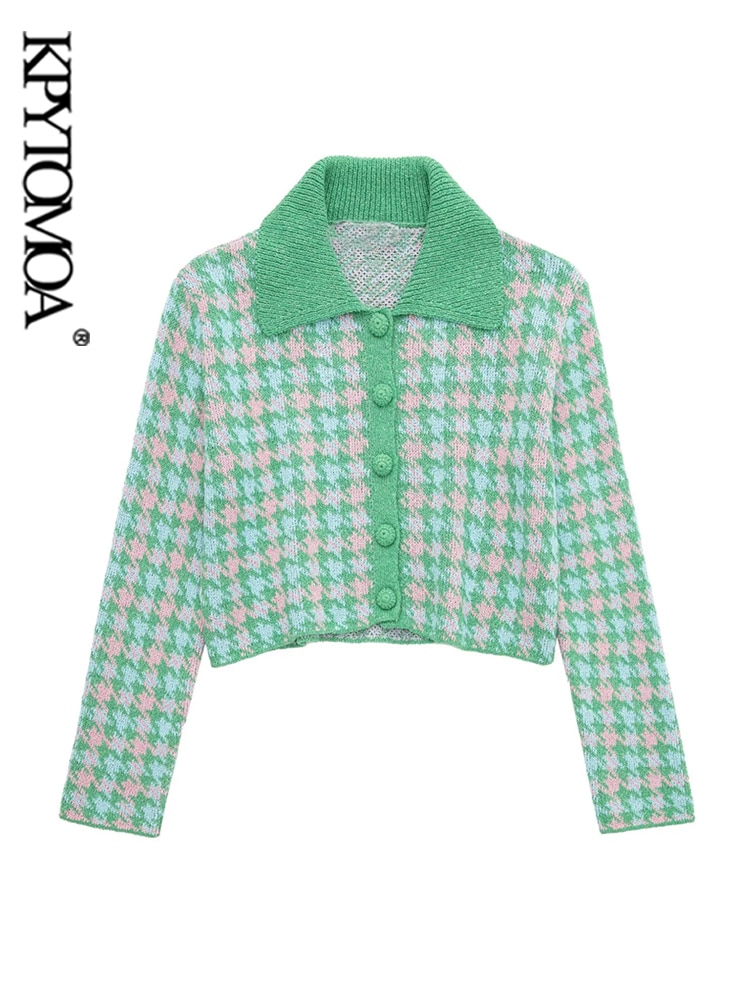 Women Fashion Cropped Houndstooth Knit Cardigan Sweater Vintage Long Sleeve Front Butto[A00068746]