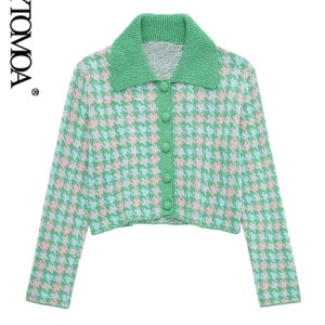 Women Fashion Cropped Houndstooth Knit Cardigan Sweater Vintage Long Sleeve Front Butto[A00068746]
