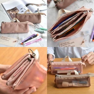 3웨이 펜슬 지퍼 파우치 메쉬 패브릭 천 필통 핸들 손잡이 소품 화장품 수납 보관 대용량