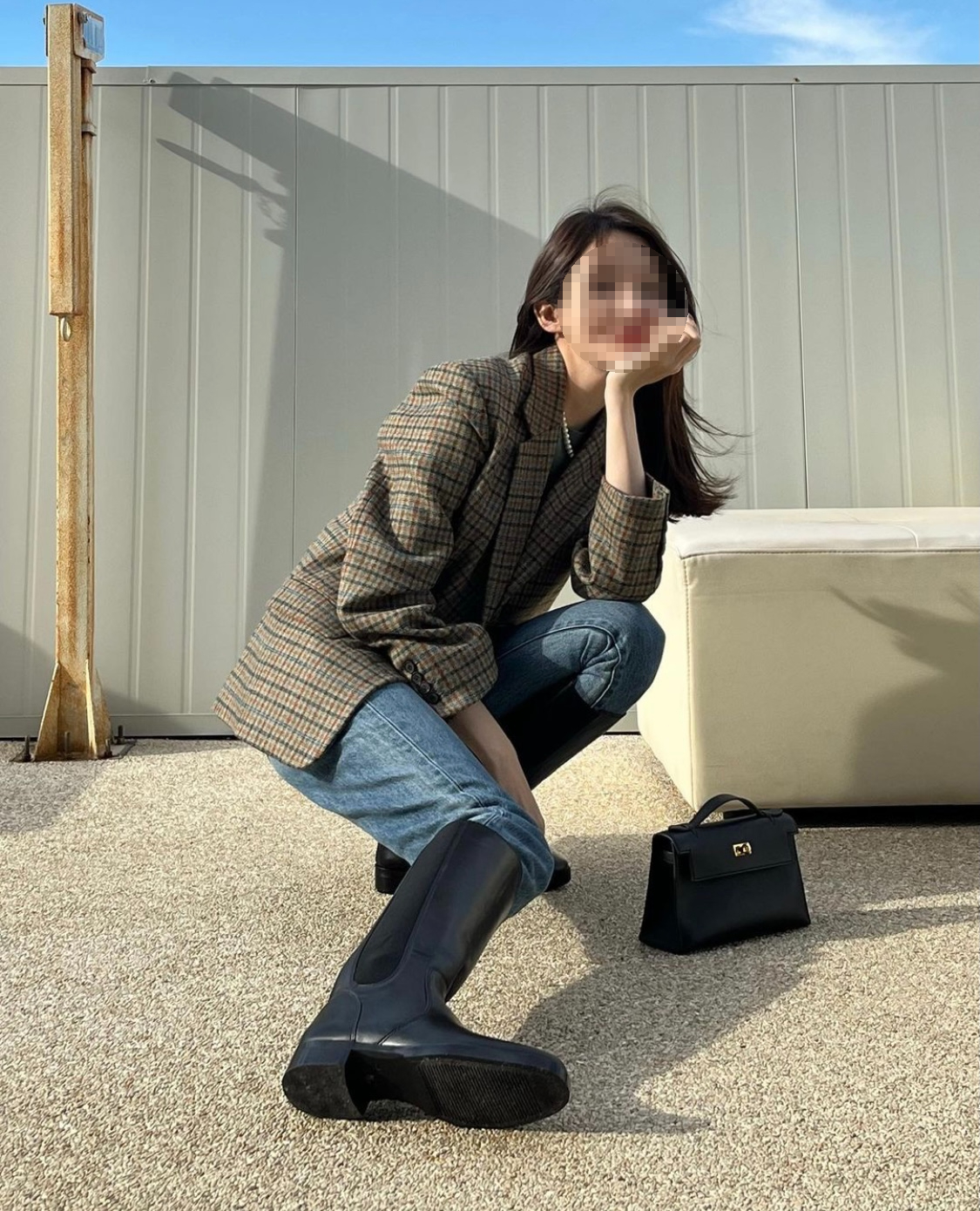 강민경 자켓 체크 갈색 브라운 가을 패션 인스타 스타일 연예인 쇼핑몰