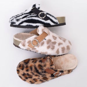 딕슈 여성 털 안감 방한 슬리퍼 버클 스트랩 호피 퍼 슬리퍼