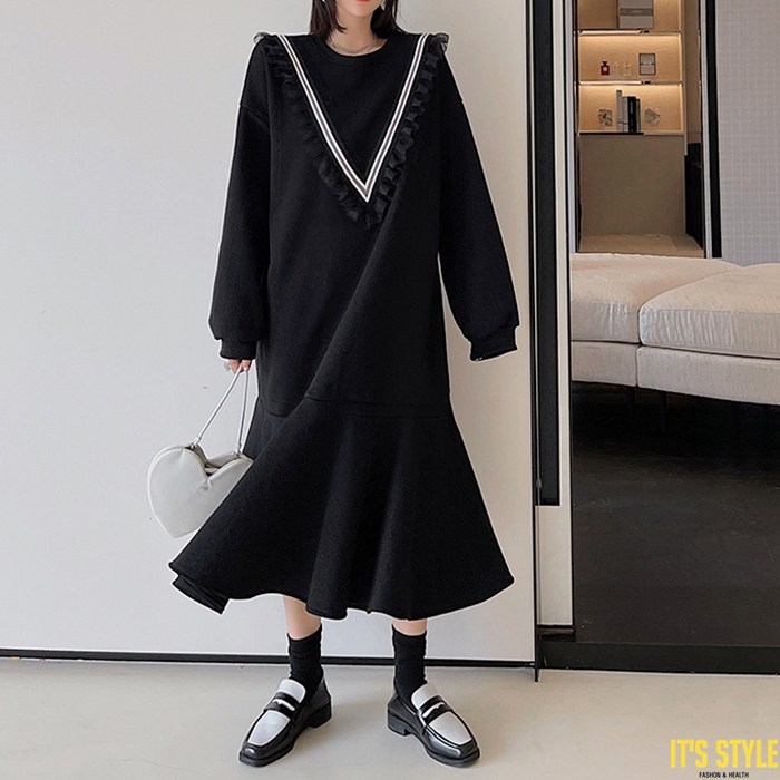 <b>잇츠</b>스타일 [L-3XL] 빅사이즈 롱티셔츠 <b>브이</b> 프릴 블랙 머메이드 원피스 111298