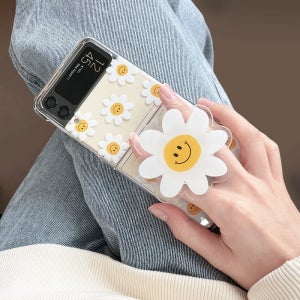 Z플립 그립톡 케이스 SET 스마일 꽃 패턴 투명, 갤럭시Z 플립4