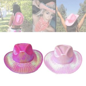 네온 스파 클리 글리터 스페이스 카우보이 모자 있는 메탈릭 홀로그램 디스코 드레스 핑크 LX9E