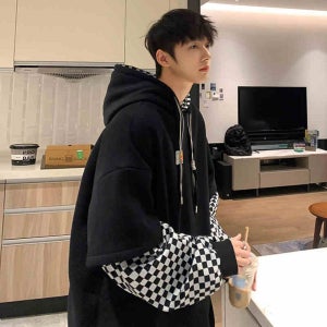 커플 힙합 스트릿패션 체크 맨투맨 레이어드 후드티