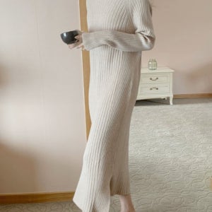 날씬핏 부드러운 캐시미어혼방 반목폴라 골지 오브 롱 니트 원피스(5컬러)