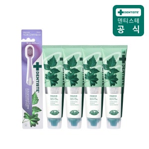 덴티스테 플러스화이트 프로 치약 100g 4개 + 어드밴스드케어 칫솔 1개 불소 입냄새제거
