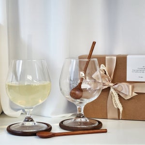 홈카페 고블렛잔+우드원형 코스터 2인 선물세트 340ml 집들이선물