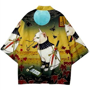 사무라이 고양이 프린트 셔츠 의류 전통 하오리 기모노 여성 남성 일본 애니메이션 악마 아시아 Streetwear 카디건 유카타 탑