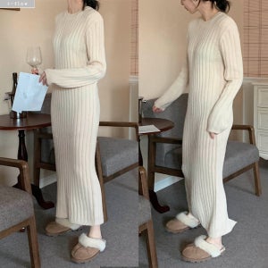 로프 골지 맥시 울니트 롱원피스 3col 겨울 봄 도톰 라운드넥 슬림 뒷트임 제이플로우