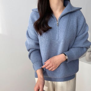 여성 겨울니트 도톰한 카라 골지 반집업니트