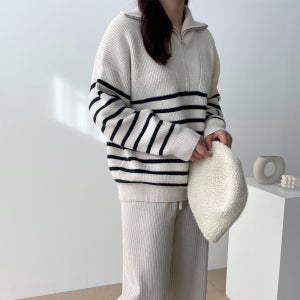 겨울니트 여성 스트라이프 골지 카라 반집업니트