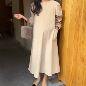 어깨 셔링 봉긋 A라인 코듀로이 양포켓 연말룩 크리스마스 하객 임부복원피스 임산부 만삭