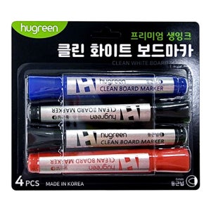[휴그린] 보드마카 생잉크 클린 화이트마카 펜 4개입 세트