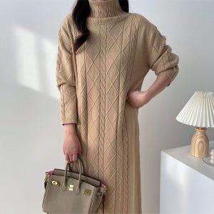 (거래처세일) 겨울 원피스 빅사이즈 목폴라 꽈배기 롱 니트 원피스 겨울