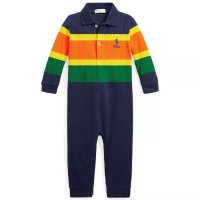 폴로랄프로렌 베이비 스트라이프 메쉬 폴로 긴팔 기모 우주복 영유아 커버롤 Baby Striped Mesh Polo Coverall