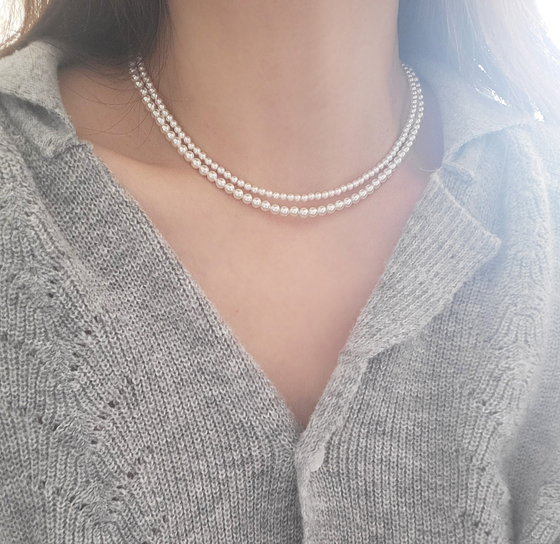 3mm 4mm 오스트리아 진주 목걸이 / 화이트 그레이 심플 레이어드